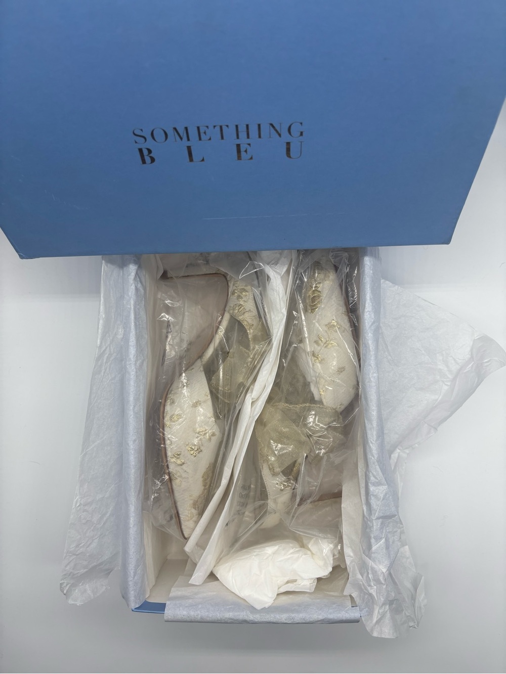 Something Bleu Bridal Ivory Pointed-Toe Heels with Gold Floral Embroidery - Picture 8 of 8